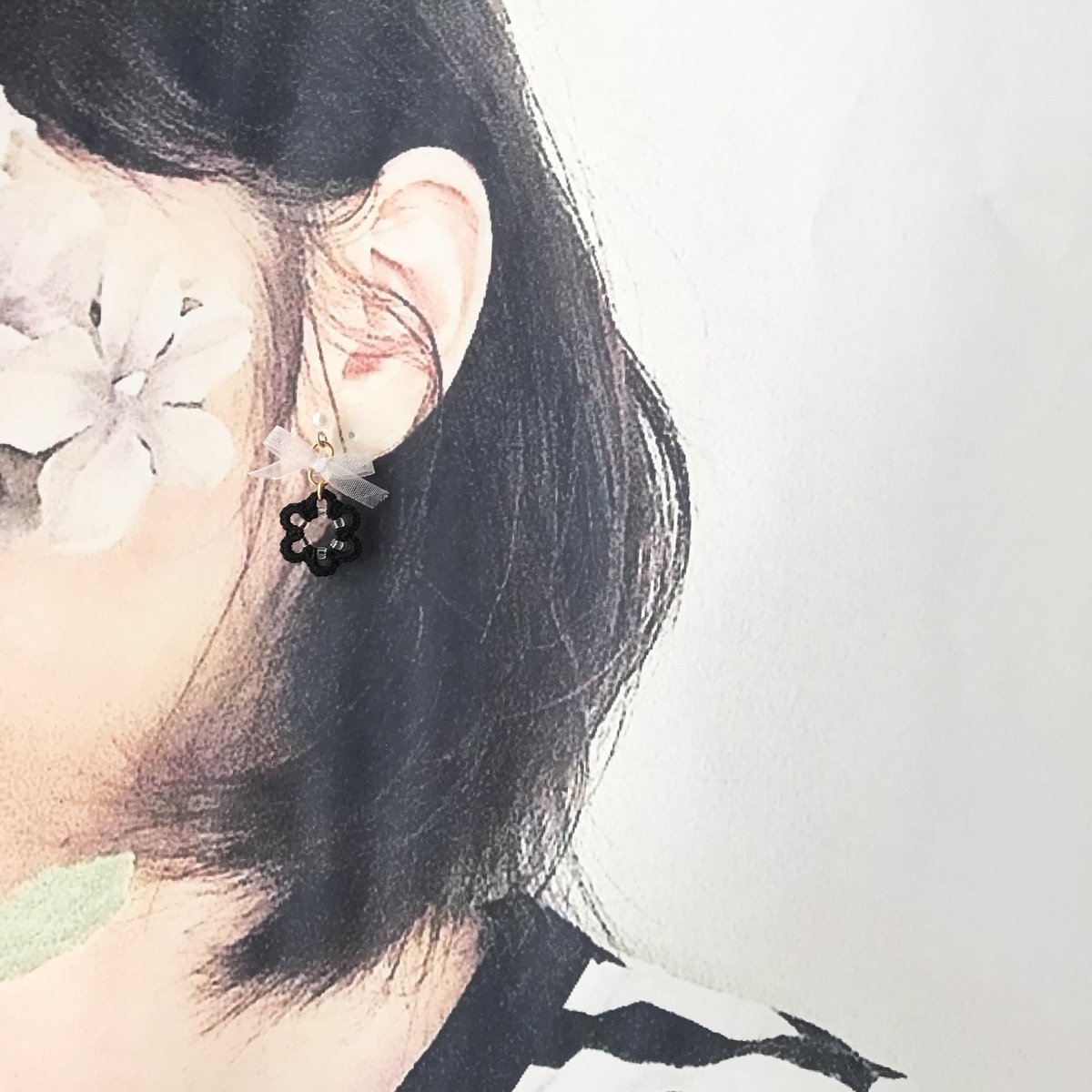 白リボンピアス/イヤリング 黒 | HandmadeShop mousse（ハンドメイド 