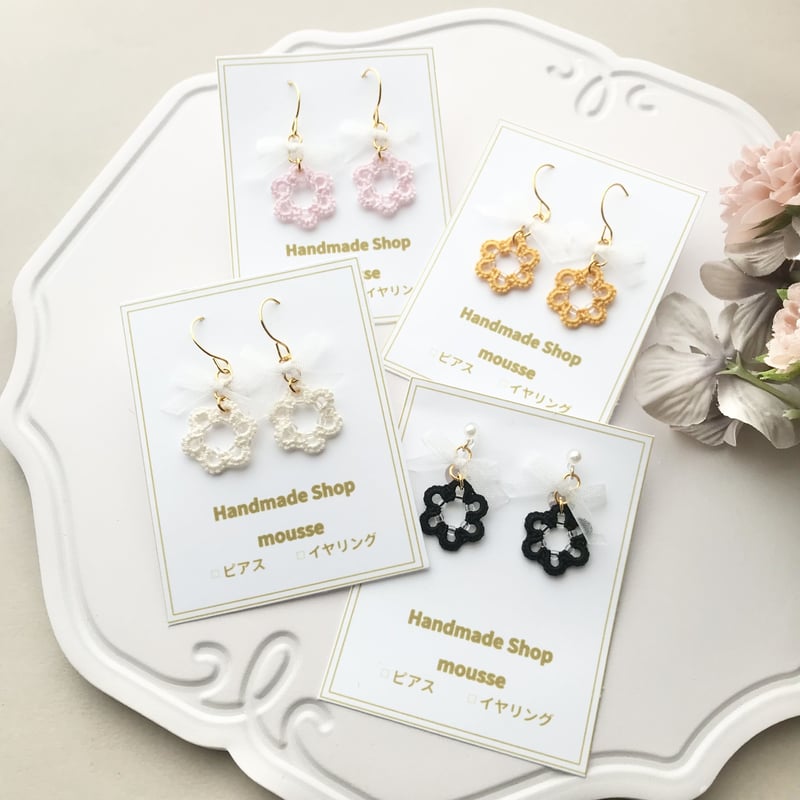 白リボンピアス/イヤリング ピンク | HandmadeShop mousse