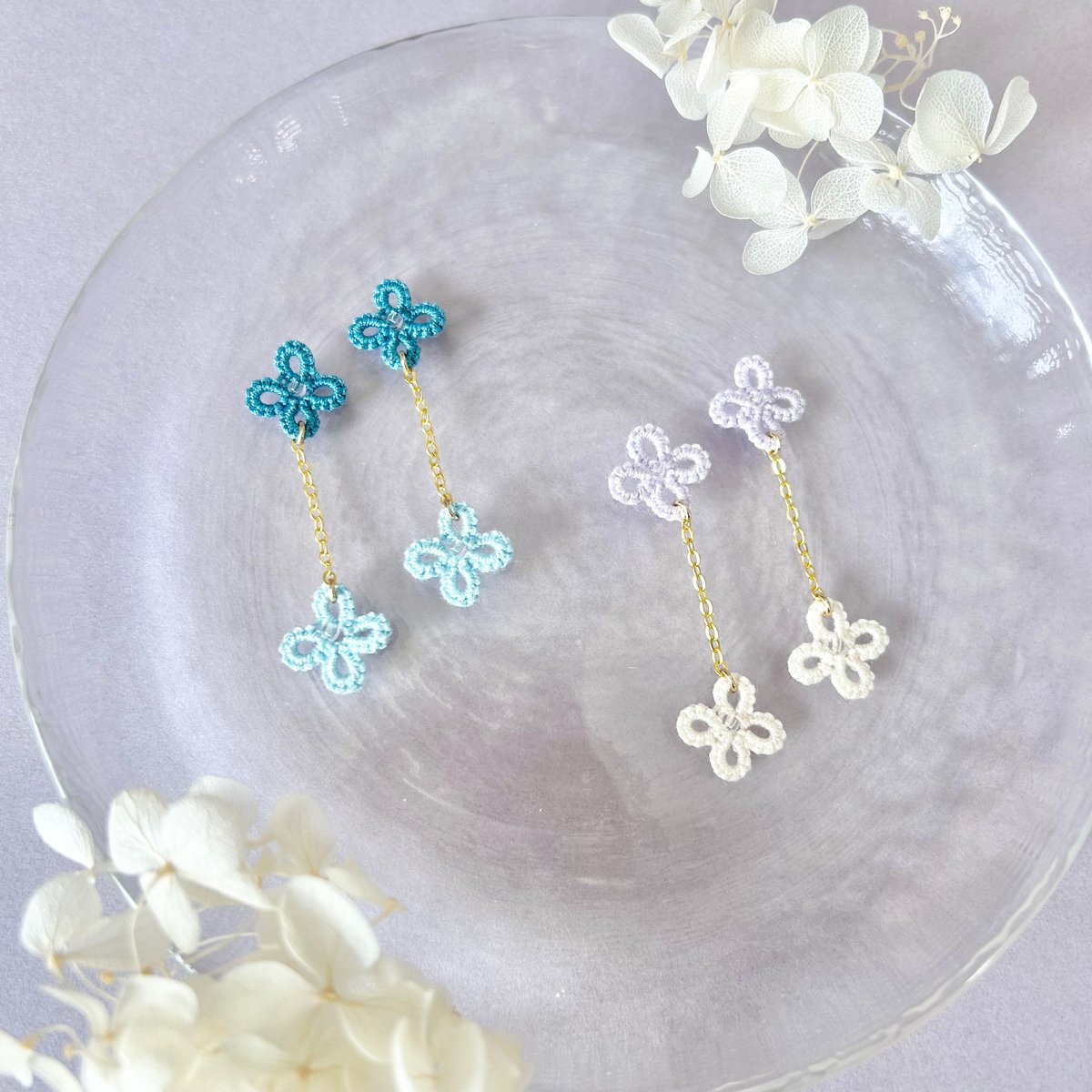 えっぴーさん専用♡かすみ草と蝶々 ピアス イヤリング かすみ草ピアス/イヤリング ブルーグリーン×空色 ロング