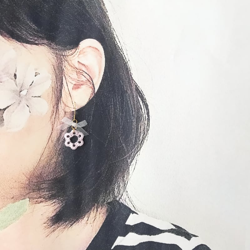 白リボンピアス/イヤリング ピンク | HandmadeShop mousse