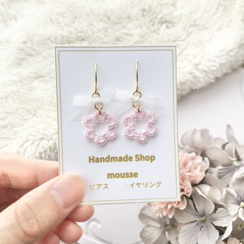 白リボンピアス/イヤリング ピンク | HandmadeShop mousse