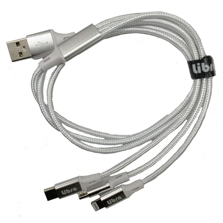 Libra スマホ用3連ケーブル 合金タイプ シルバー 2m(高耐久サーベラスケーブル）●TYPE-C、ライトニング、microUSB 1本で３役のコード