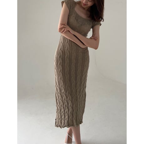 square neck summer elegant knit onepiece "brown"