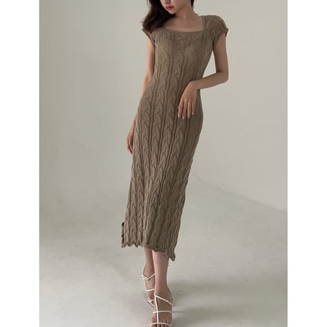 square neck summer elegant knit onepiece "brown"