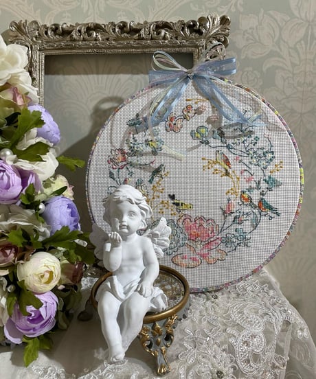 花と小鳥　クロスステッチ刺繍完成品