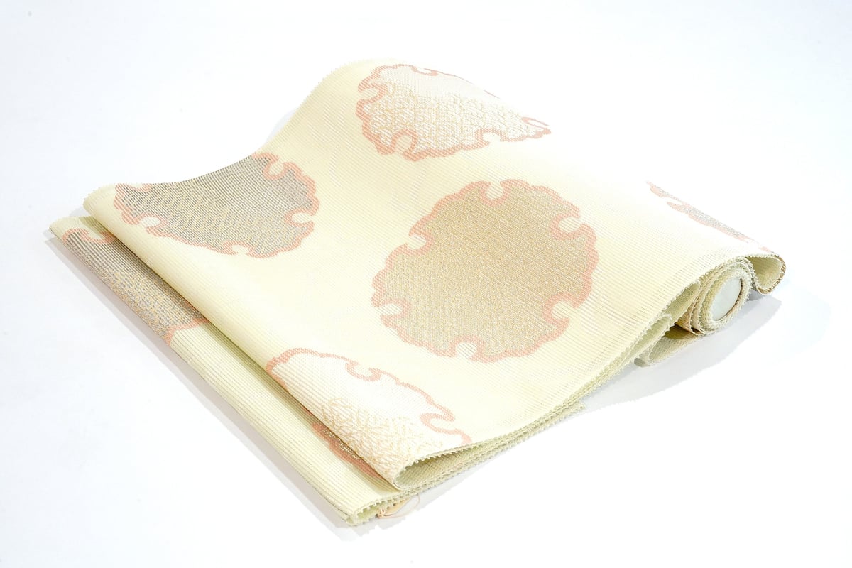a*o様 夏物 名古屋帯 紗 西陣織 麻 雪輪芝 若草色 新古品 so799 夏九寸帯（夏名古屋帯）「西陣織・大雪輪と柳・若草色」 | MINOKO STORE