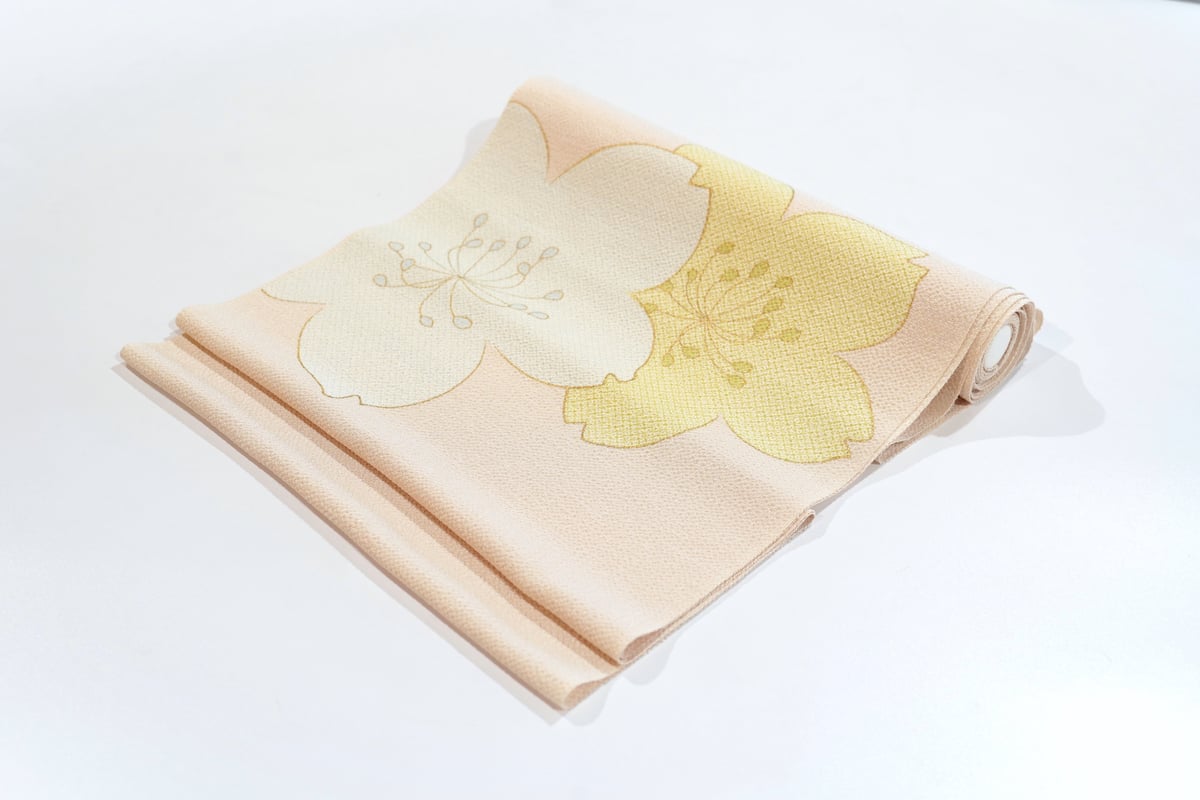 九寸帯(名古屋帯)「ちりめん染帯・疋田桜・象牙色」 | MINOKO STORE