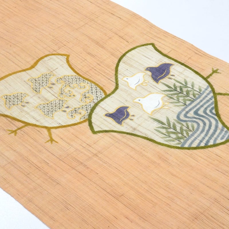 麻九寸帯(名古屋帯)「工芸キモノ野口・千鳥・珊瑚色」 | MINOKO STORE