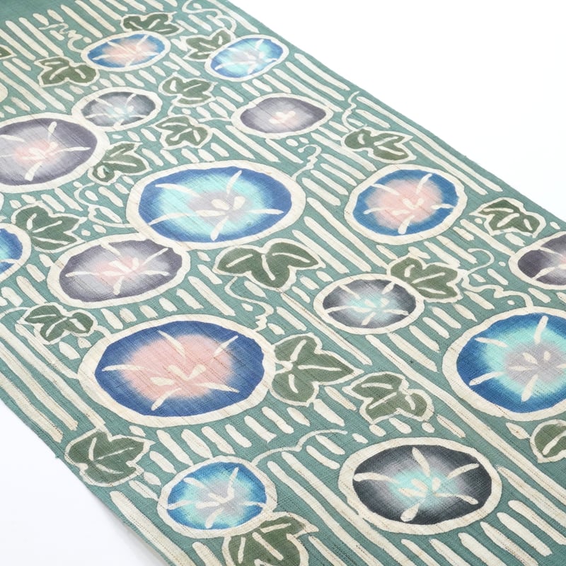 麻九寸帯（名古屋帯）「工芸キモノ野口・朝顔・錆浅葱色」 | MINOKO STORE