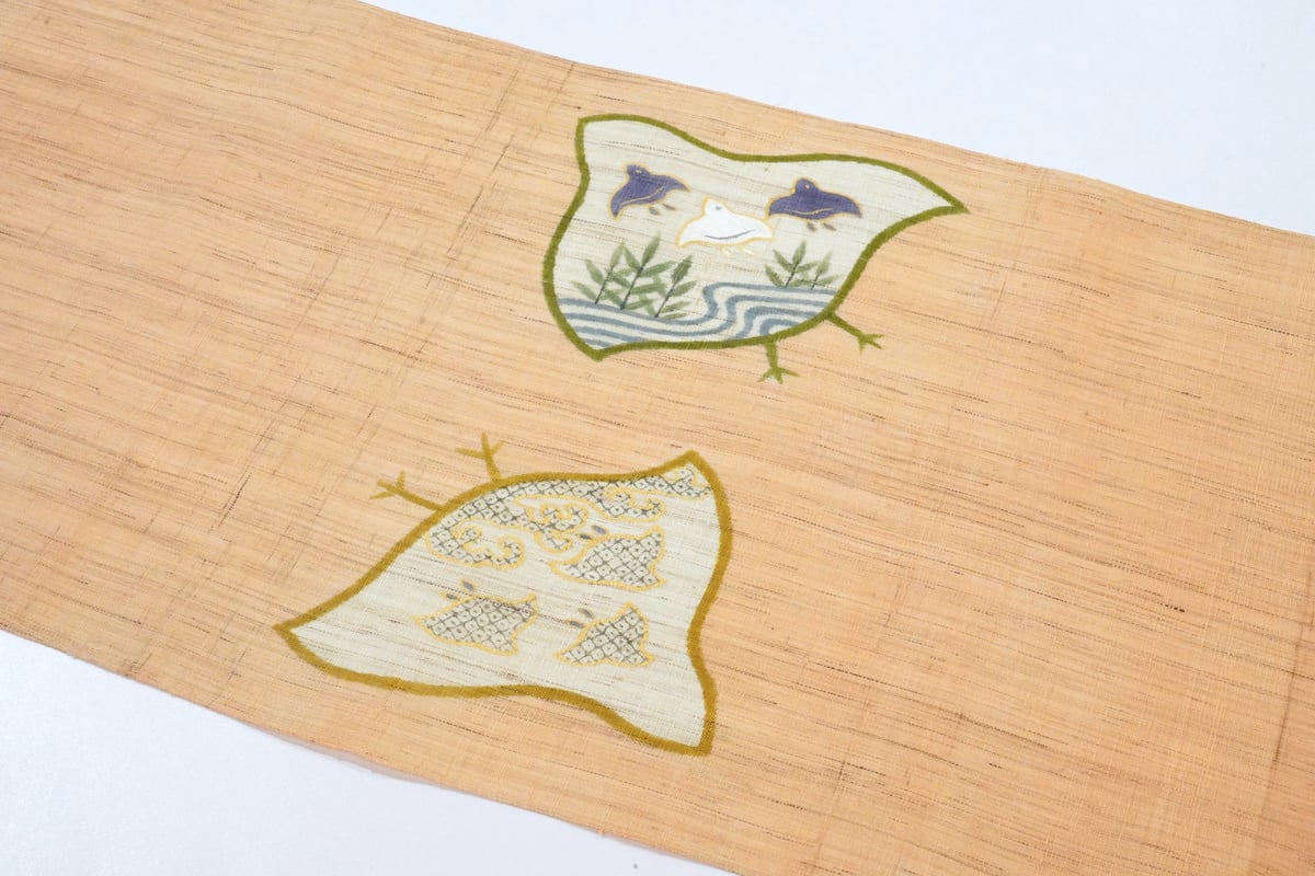 麻九寸帯(名古屋帯)「工芸キモノ野口・千鳥・珊瑚色」 | MINOKO STORE 