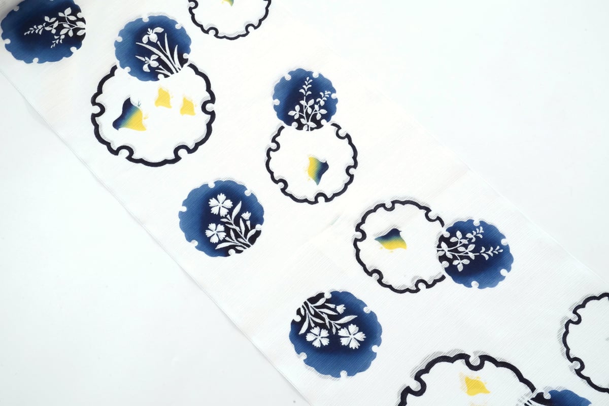 ゆりのはな　未使用品　綿絽　浴衣　竺仙風　雪輪に花柄　綿　仕立て上がり　G402 綿絽白地 竺仙鑑製 雪輪繋ぎ お仕立代込価格 送料無料 女性用
