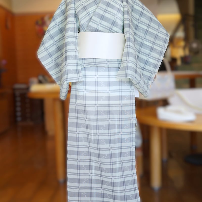 ワケアリ大特価！【琉球首里上布】反物 夏物アンティーク 縞 壁上布 本場首里織 琉球かすり「壁上布・夏紬・格子・水色」 | MINOKO STORE