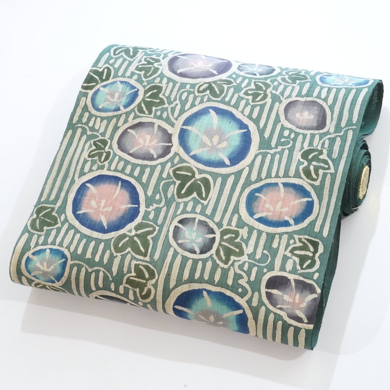 麻九寸帯（名古屋帯）「工芸キモノ野口・朝顔・錆浅葱色」 | MINOKO STORE