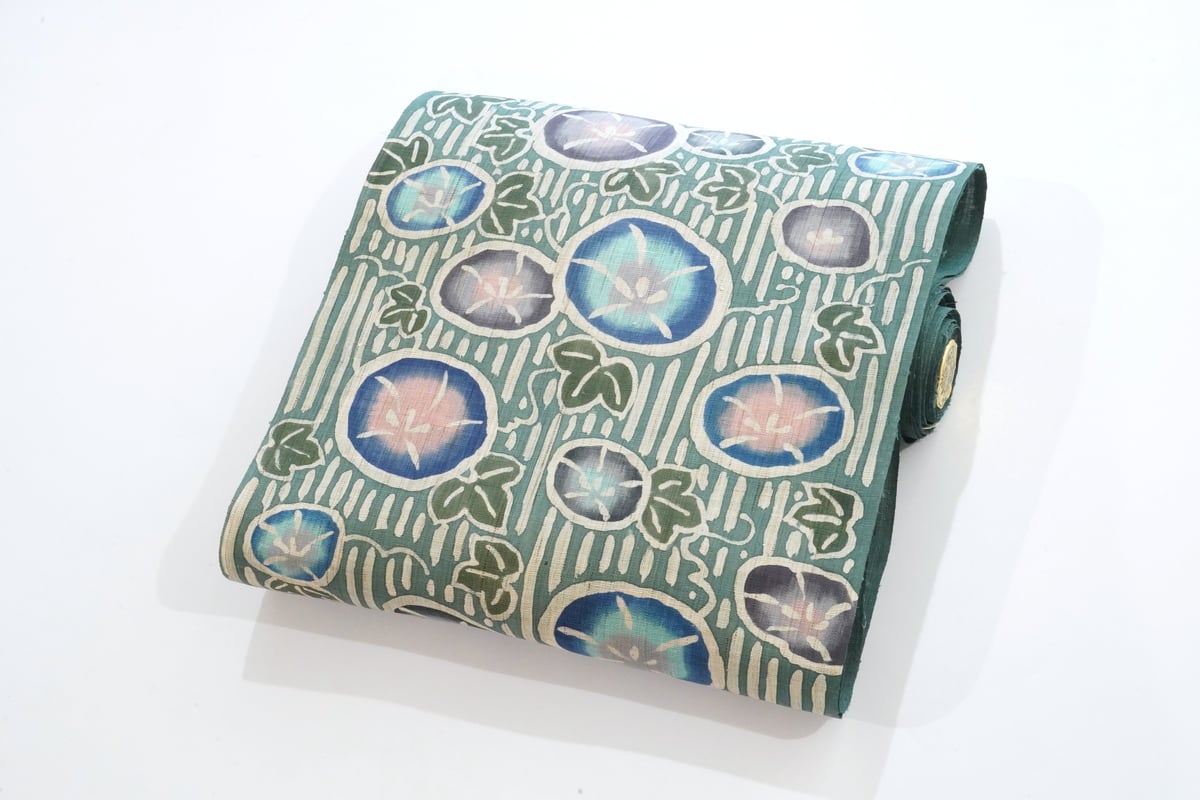 麻九寸帯(名古屋帯)「工芸キモノ野口・朝顔・錆浅葱色