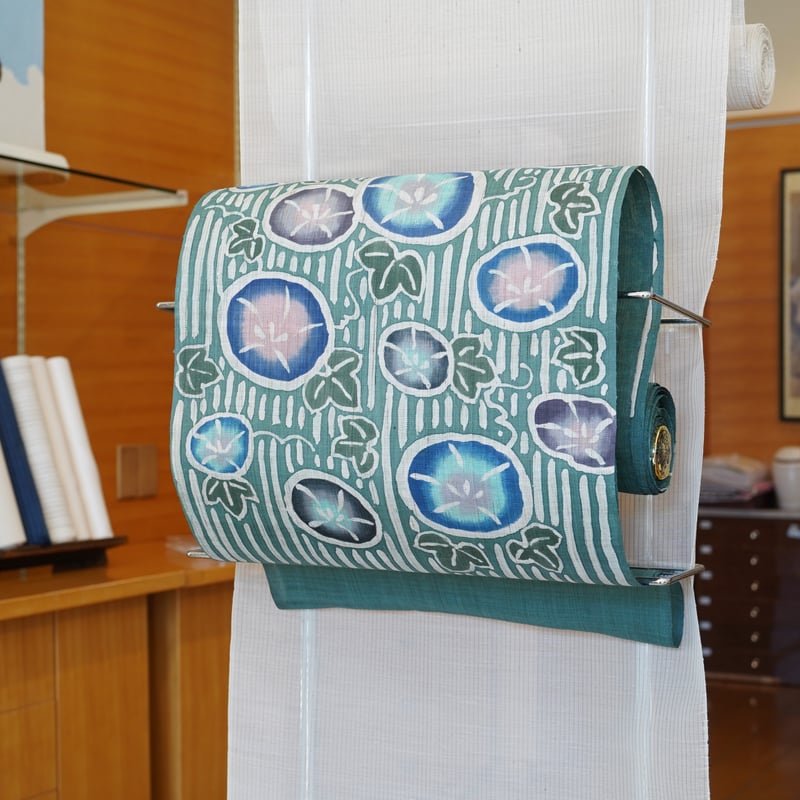 麻九寸帯（名古屋帯）「工芸キモノ野口・朝顔・錆浅葱色」 | MINOKO STORE