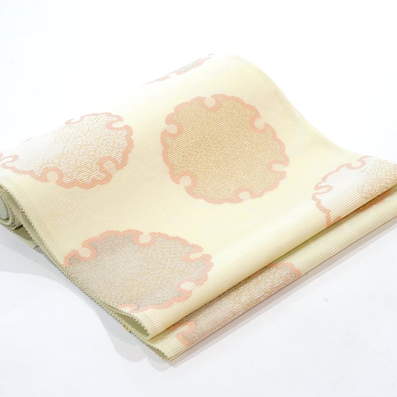 a*o様 夏物 名古屋帯 紗 西陣織 麻 雪輪芝 若草色 新古品 so799 夏九寸帯（夏名古屋帯）「西陣織・大雪輪と柳・若草色」 | MINOKO STORE