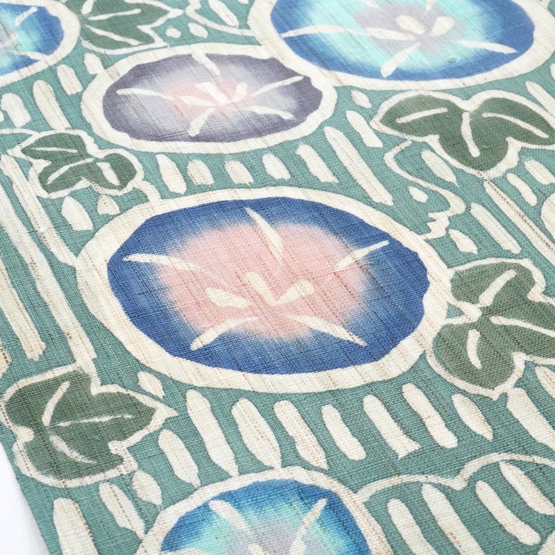 麻九寸帯（名古屋帯）「工芸キモノ野口・朝顔・錆浅葱色」 | MINOKO STORE