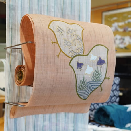 麻九寸帯(名古屋帯)「工芸キモノ野口・千鳥・珊瑚色」