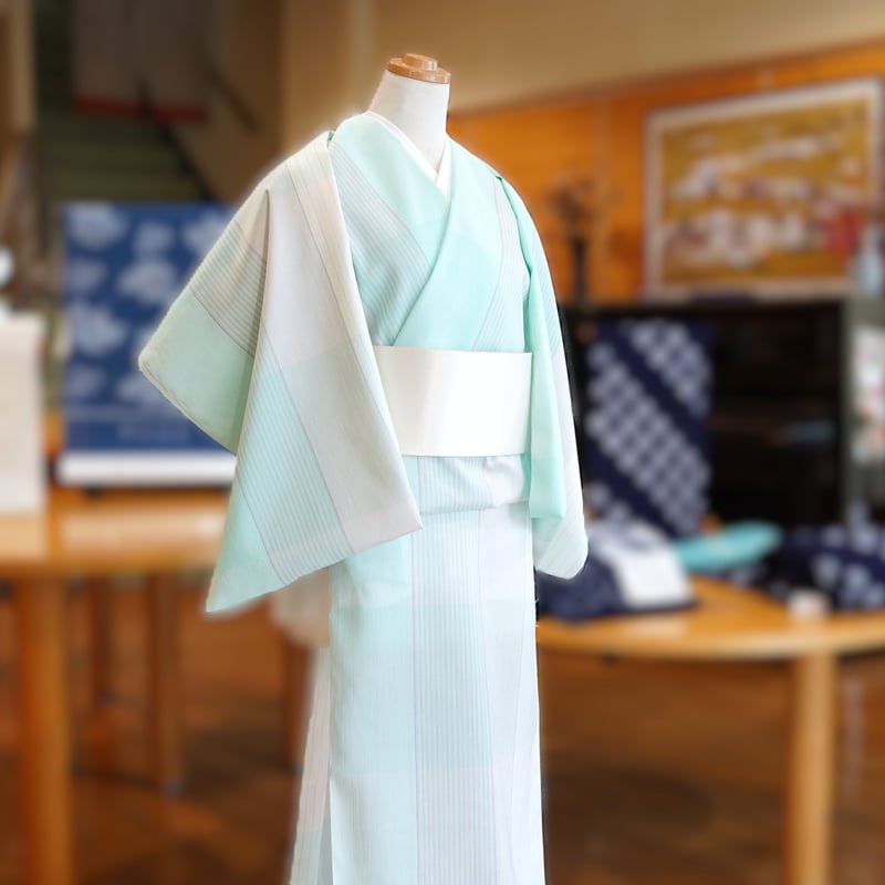 376 小千谷紬（夏物）単衣 小千谷紬「樋口隆司・単衣～夏衣向き・湯揉み絹縮・遊び格子