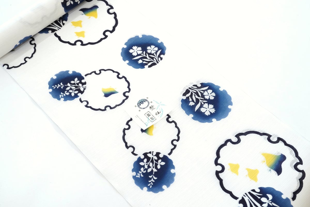 ゆりのはな　未使用品　綿絽　浴衣　竺仙風　雪輪に花柄　綿　仕立て上がり　G402 綿絽白地 竺仙鑑製 雪輪繋ぎ お仕立代込価格 送料無料 女性用