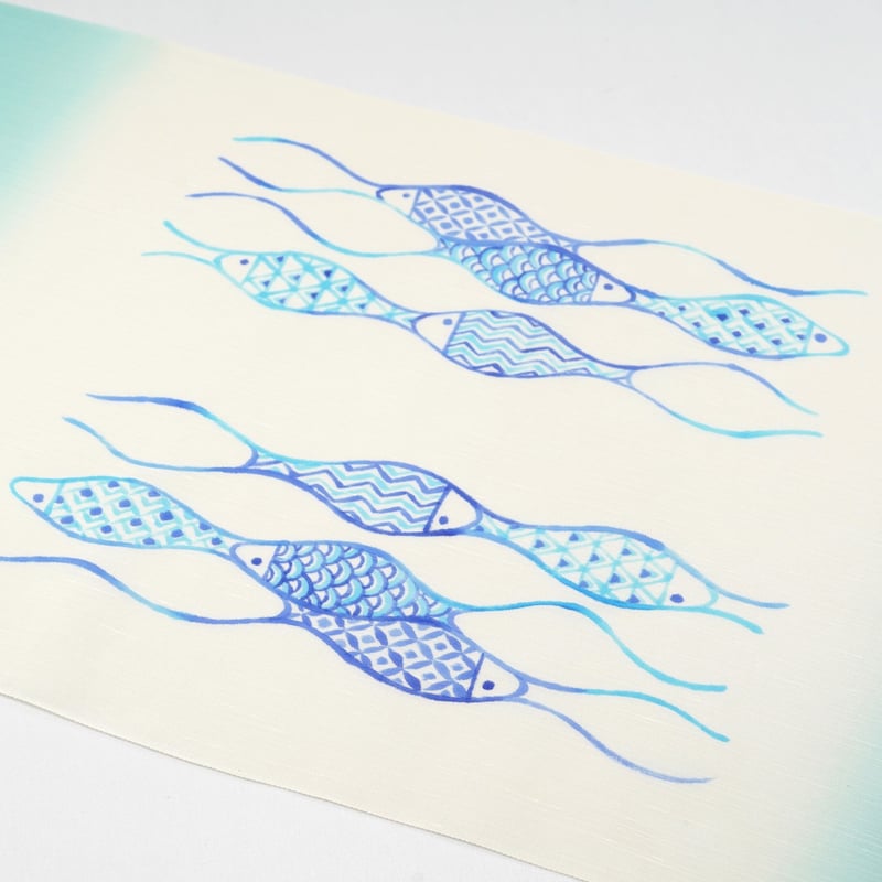 魚好きさん必見　名古屋帯カジュアル 九寸帯(名古屋帯)「染の川勝・横網代魚・単衣～夏向き