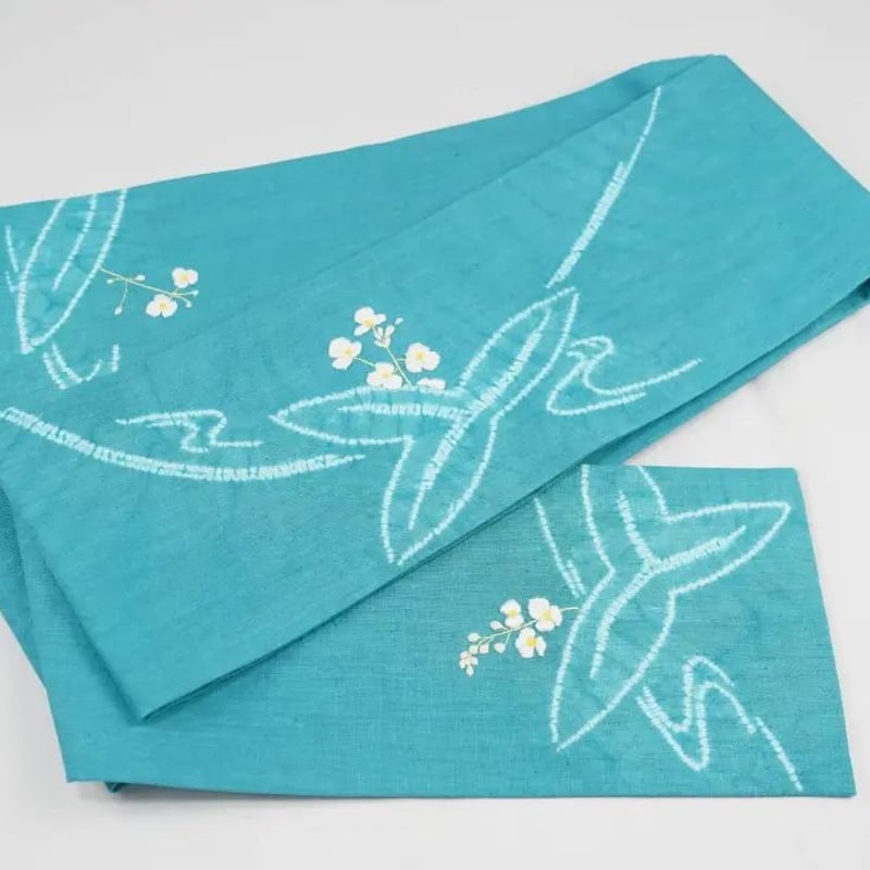 一年を通じて！綿×麻　半巾帯 麻半巾帯】ブルー×生成