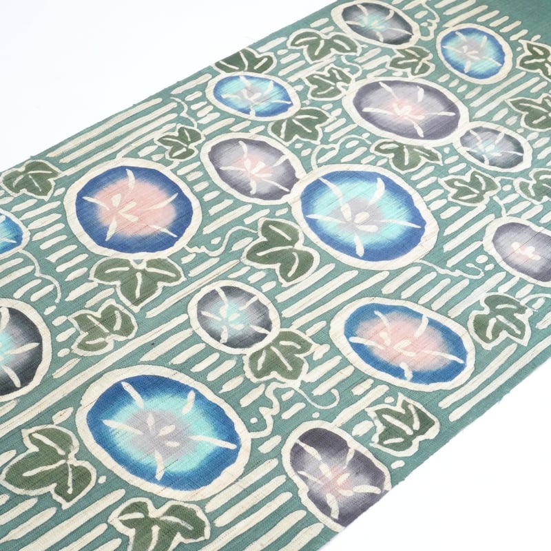 ❇︎ 新品未使用 麻 九寸名古屋帯 水浅葱色　夏帯 380cm ❇︎ 麻九寸帯（名古屋帯）「工芸キモノ野口・朝顔・錆浅葱色」 | MINOKO STORE