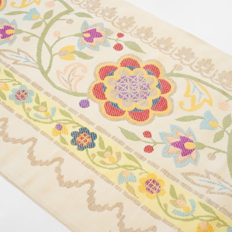 名古屋帯 市松に美しい花 九寸 正絹 帯 AO-1336 名古屋帯 市松に美しい花 九寸 正絹 帯 AO-1336