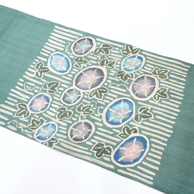 ①作り帯 麻九寸帯(名古屋帯)「工芸キモノ野口・朝顔・錆浅葱色