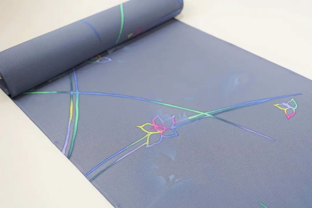 未着用　小紋　綿絽　花模様　鉄線　ツツジ　ネイビー系　着物　055w 未着用 小紋 綿絽 花模様 鉄線 ツツジ ネイビー系 着物 055w