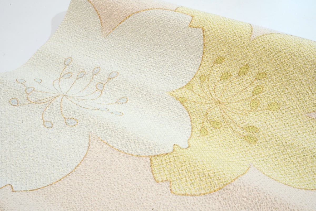 九寸帯(名古屋帯)「ちりめん染帯・疋田桜・象牙色」 | MINOKO STORE 九寸帯(名古屋帯)「ちりめん染帯・疋田桜・象牙色」 | MINOKO STORE