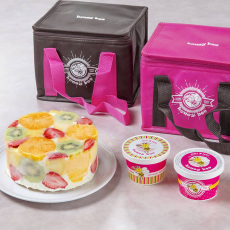果物たっぷりジェラート｜ジェラートケーキ「フルーツハニー」とカップジェラートのセット【くだもの畑・honeybee　福島市】