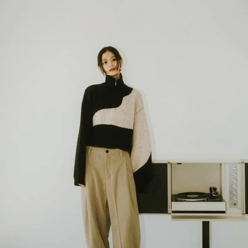 knuth marf half zip bicolor knit ブラック