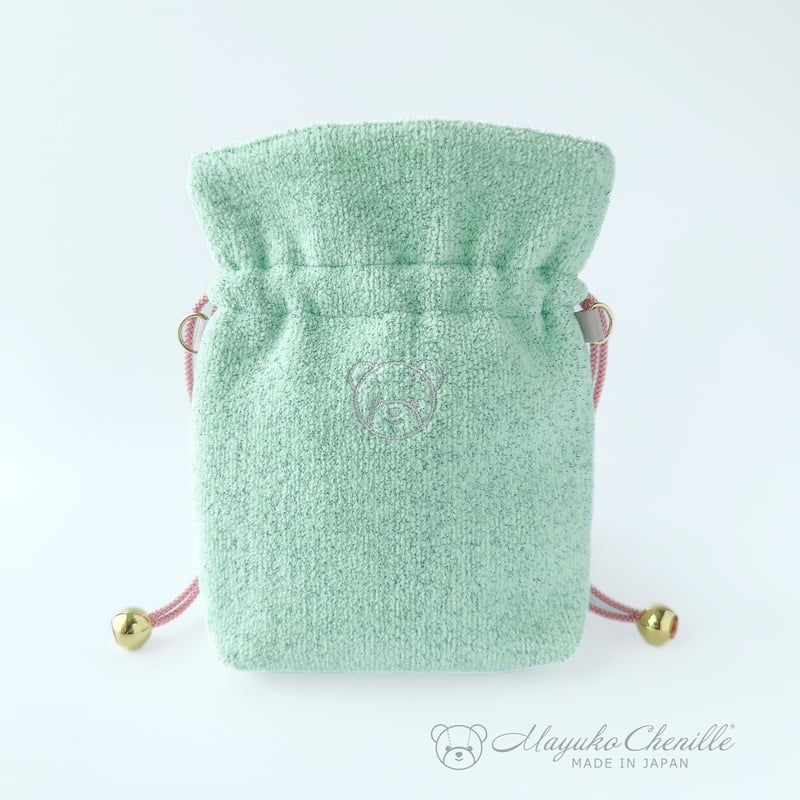 巾着バッグミニ 青りんご×ボンボンツイード | Mayuko Chenille
