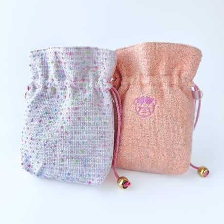 巾着バッグミニ アプリコット×ボンボンツイード おでごメガネベア刺繍