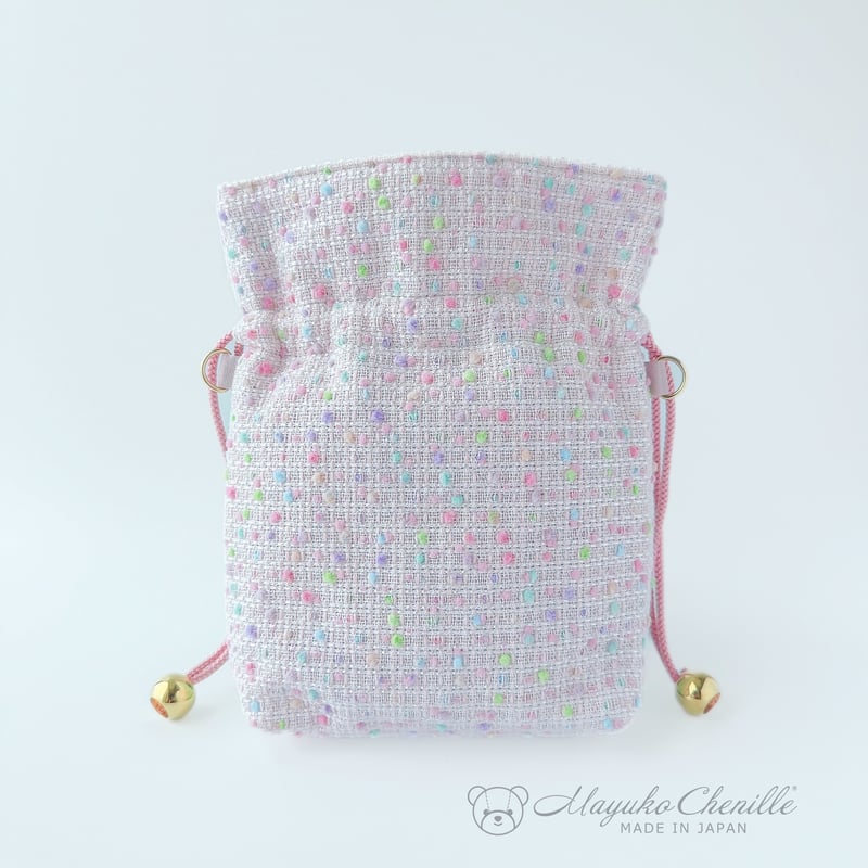 巾着バッグミニ 青りんご×ボンボンツイード | Mayuko Chenille