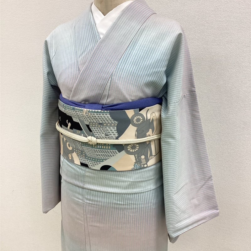 紬ちりめん地 水色×ピンク 縞 横段柄 | 着物リサイクル・リユース つづら屋