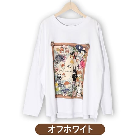 なめことラビル仲良しの森 ロングスリーブTシャツ（オフホワイト/ブラック/グリーン）