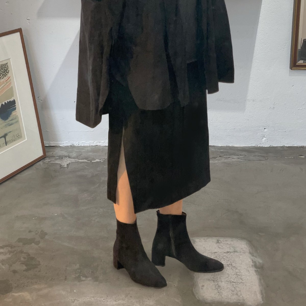 防水レザースクエアトゥショートブーツ/ブラックスエード | gr.