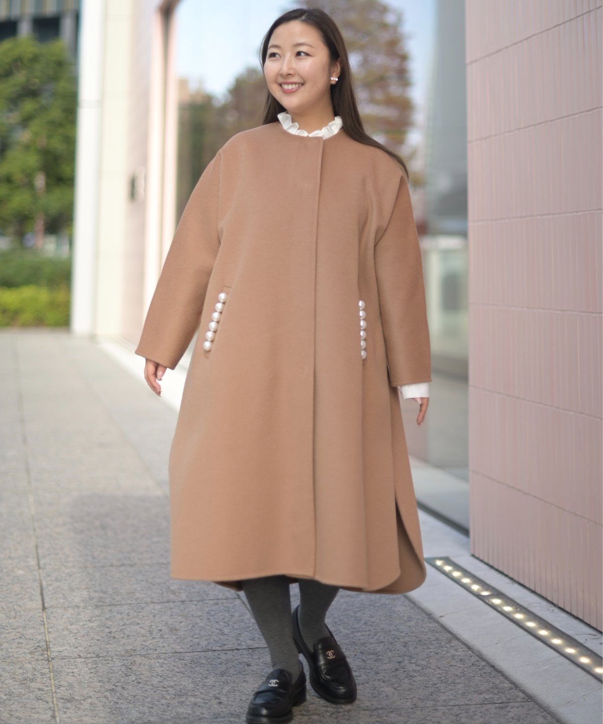 TREFLE+ ノーカラー リバーコート パール ダブルフェイス キャメル ノーカラーダブルフェイスコート-Perl付き-(キャメル) | Syell Raffiné