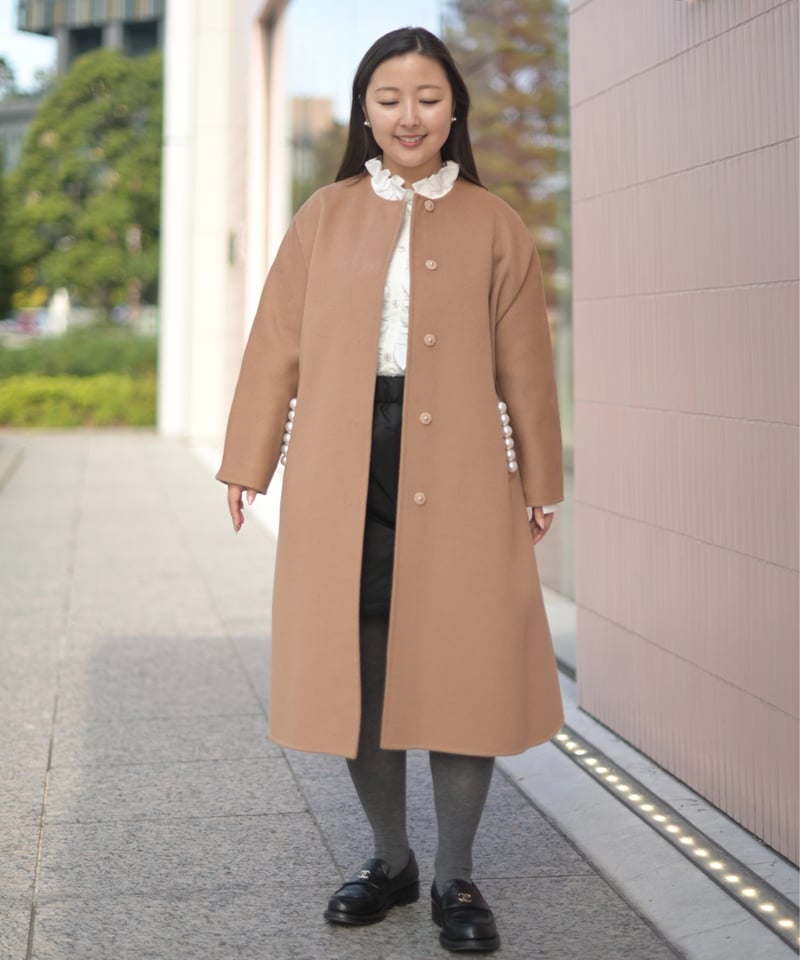 ノーカラーダブルフェイスコート-Perl付き-(キャメル) | Syell Raffiné