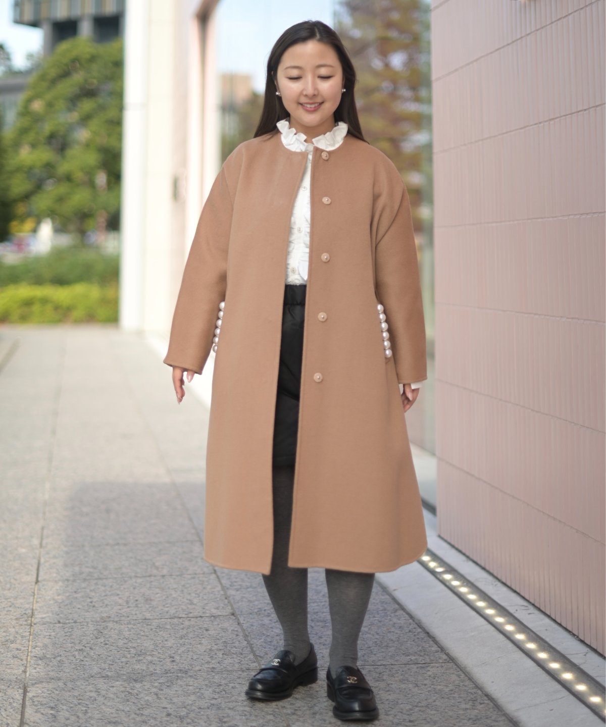 ノーカラーダブルフェイスコート-Perl付き-(キャメル) | Syell Raffiné