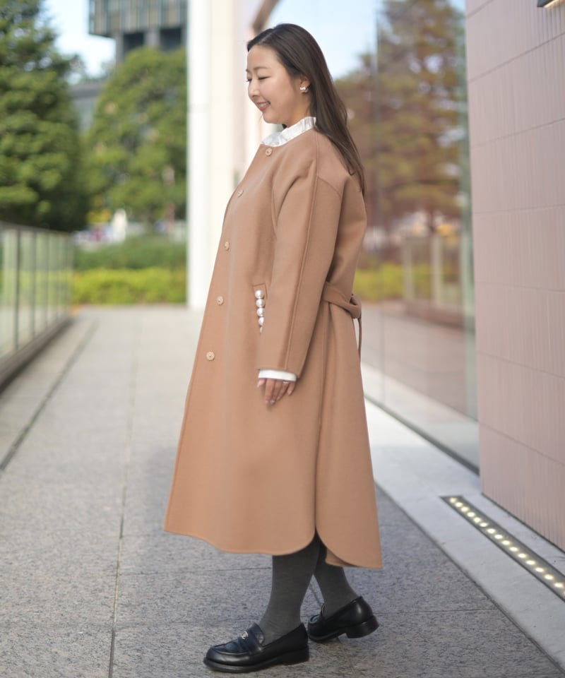 ノーカラーダブルフェイスコート-Perl付き-(キャメル) | Syell Raffiné