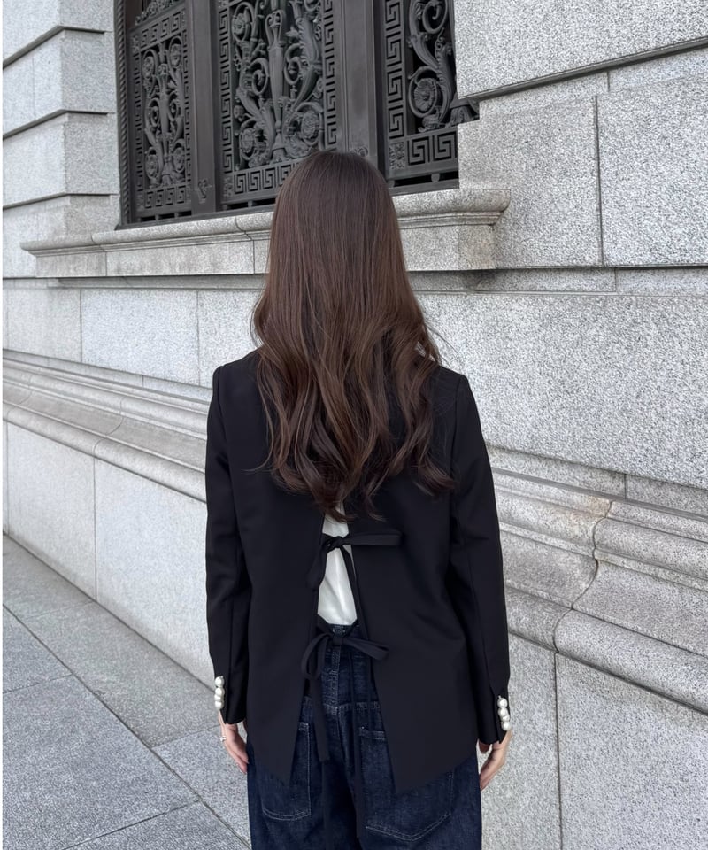 リボンデザインパールボタンジャケット ブラック リボンデザインパール