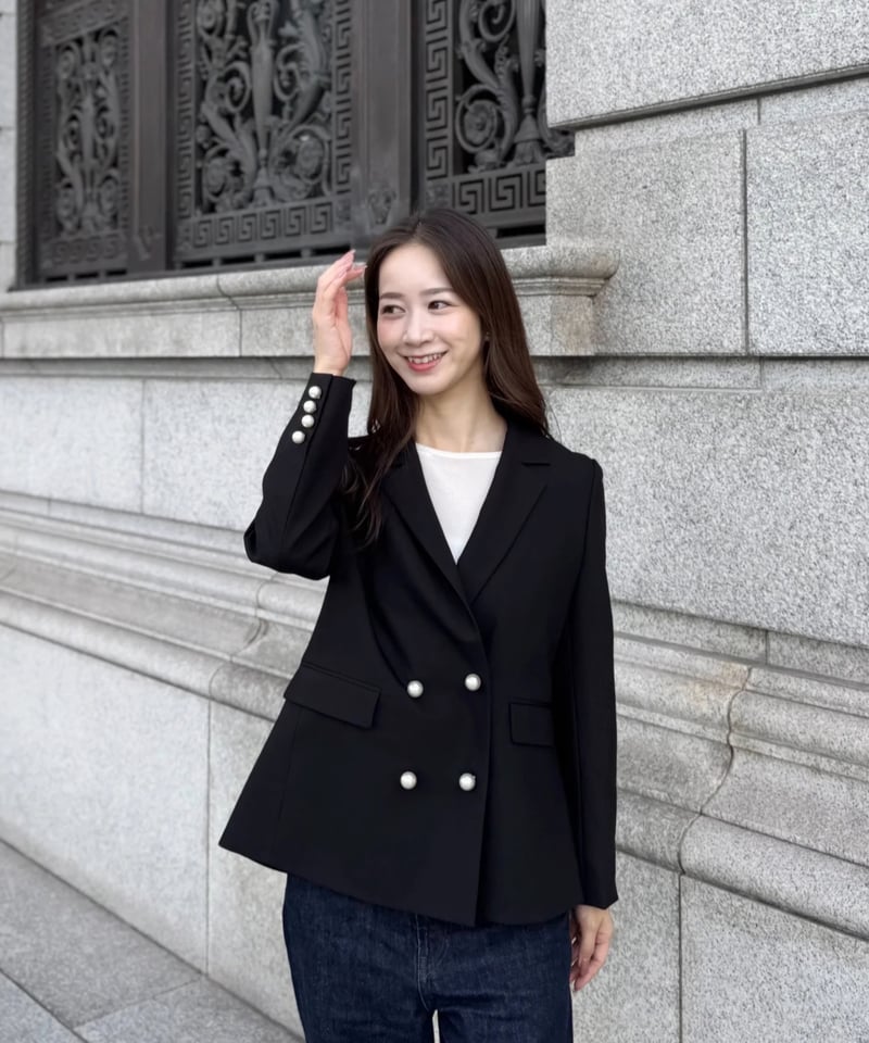 リボンデザインパールボタンジャケット　ブラック パールリボンジャケット(ブラック) | Syell Raffiné