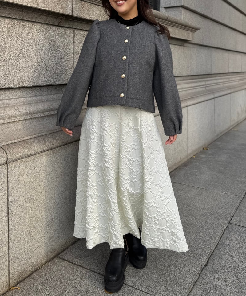 ノーカラーボタンショートコート(グレー) | Syell Raffiné