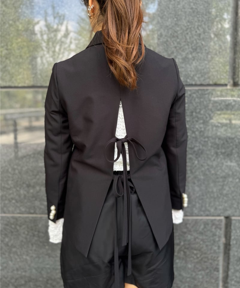 リボンデザインパールボタンジャケット　ブラック リボンデザインパールボタンジャケット ブラック 楽天市場