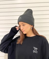 #075　 TAKE it EASY手書き刺繍 ニットキャップ　DARK GREY