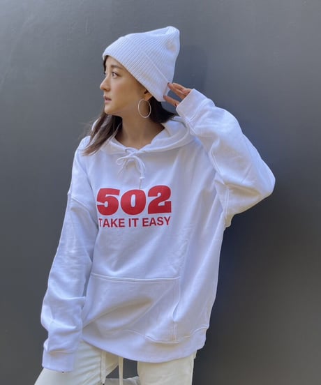 #081　502EASY CAMPUSフーディ　WHITE X RED