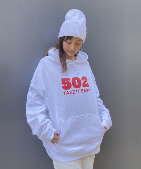 #081　502EASY CAMPUSフーディ　WHITE X RED
